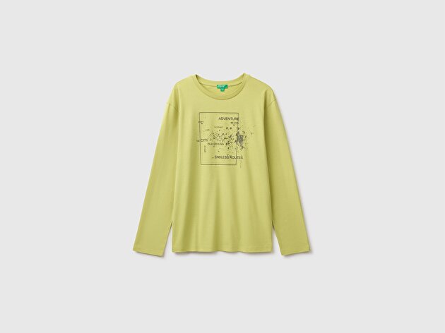 Benetton Erkek Çocuk Fıstık Yeşili Önü Baskılı Uzun Kollu Tişört