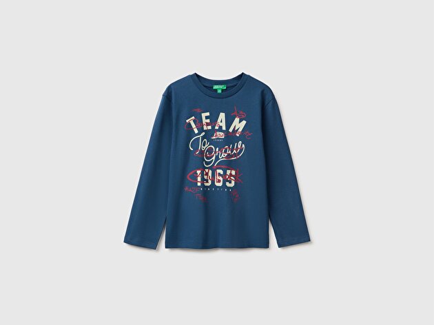 Benetton Erkek Çocuk Lacivert Önü Baskılı Uzun Kollu Tişört