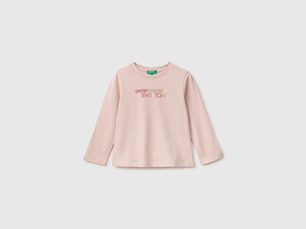 Benetton Kız Bebek Pudra Önü Baskılı Uzun Kollu Tişört