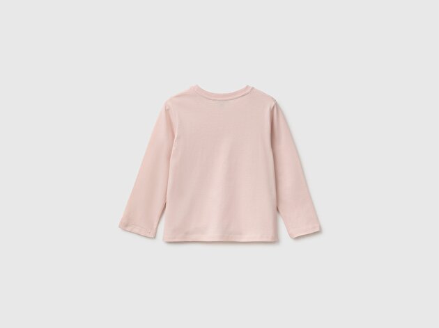 Benetton Kız Bebek Pudra Önü Baskılı Uzun Kollu Tişört