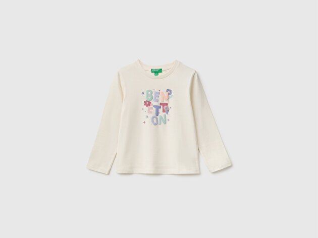 Benetton Kız Bebek Ekru Önü Baskılı Uzun Kollu Tişört