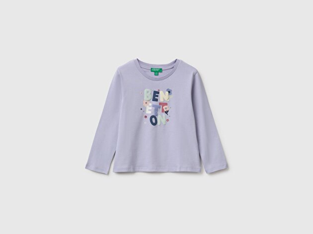 Benetton Kız Bebek Lila Önü Baskılı Uzun Kollu Tişört