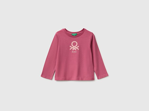 Benetton Kız Bebek Fuşya Önü Baskılı Uzun Kollu Tişört