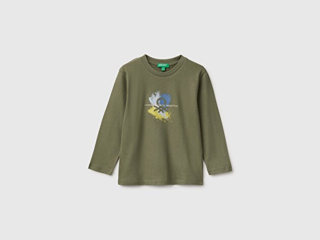 Benetton Erkek Bebek Haki Önü Baskılı Uzun Kollu Tişört