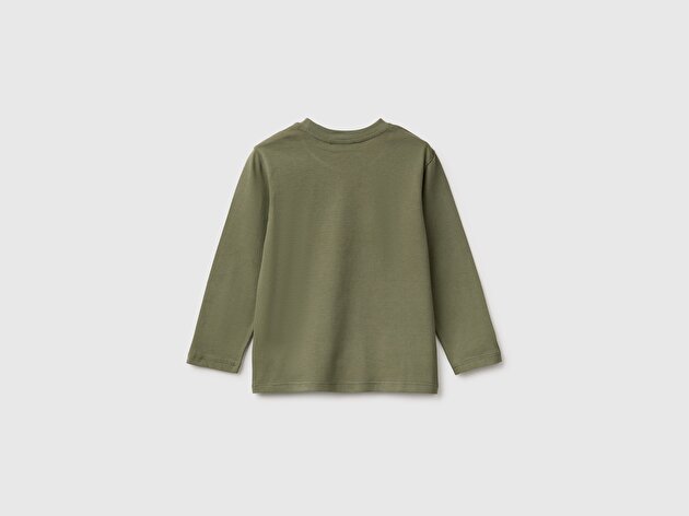 Benetton Erkek Bebek Haki Önü Baskılı Uzun Kollu Tişört