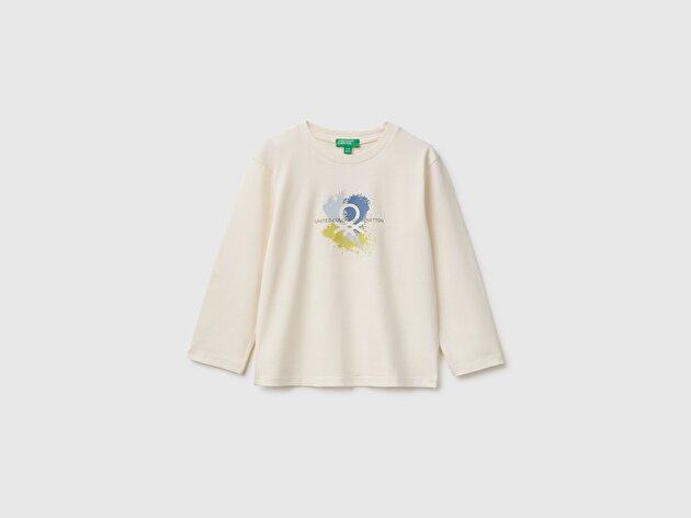 Benetton Erkek Bebek Ekru Önü Baskılı Uzun Kollu Tişört