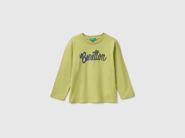 Benetton Erkek Bebek Fıstık Yeşili Önü Baskılı Uzun Kollu Tişört