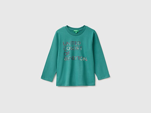 Benetton Erkek Bebek Petrol Yeşili Önü Baskılı Uzun Kollu Tişört