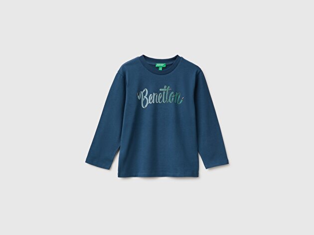 Benetton Erkek Bebek Lacivert Önü Baskılı Uzun Kollu Tişört