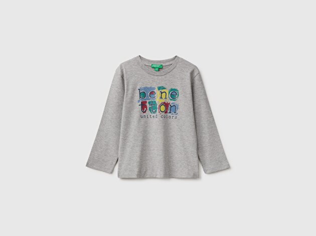 Benetton Erkek Bebek Gri Melanj Önü Baskılı Uzun Kollu Tişört