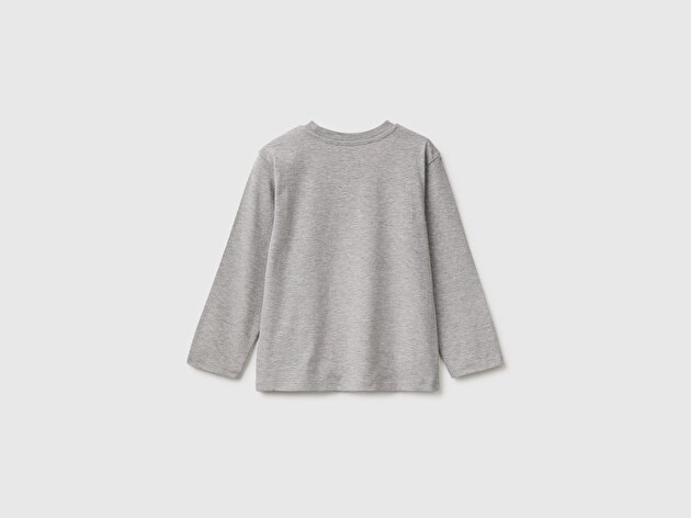 Benetton Erkek Bebek Gri Melanj Önü Baskılı Uzun Kollu Tişört