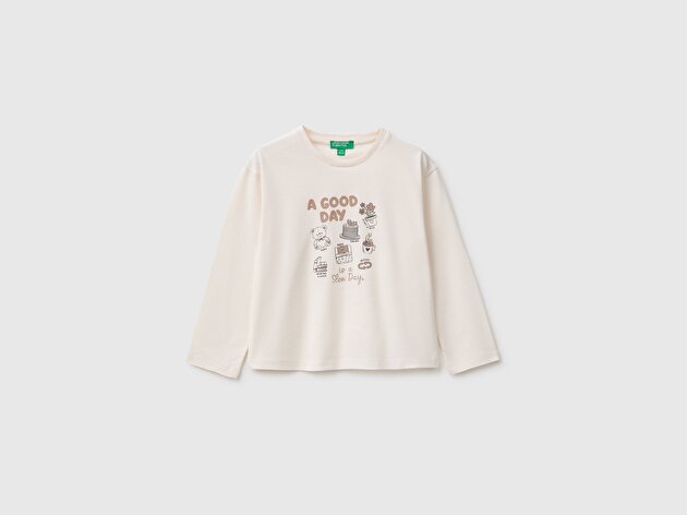 Benetton Kız Bebek Ekru Önü Baskılı Uzun Kollu Tişört
