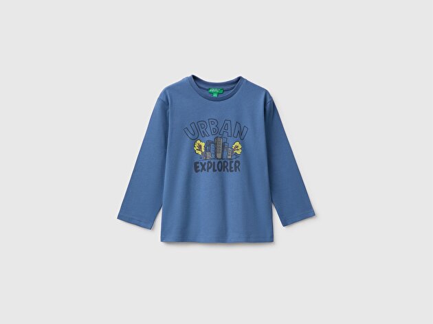 Benetton Erkek Bebek Mavi Önü Baskılı Uzun Kollu Tişört