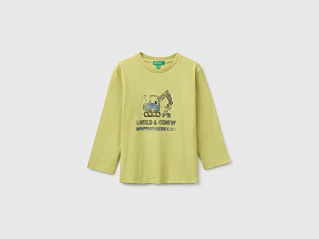 Benetton Erkek Bebek Fıstık Yeşili Önü Baskılı Uzun Kollu Tişört