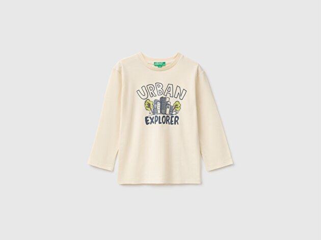 Benetton Erkek Bebek Krem Önü Baskılı Uzun Kollu Tişört