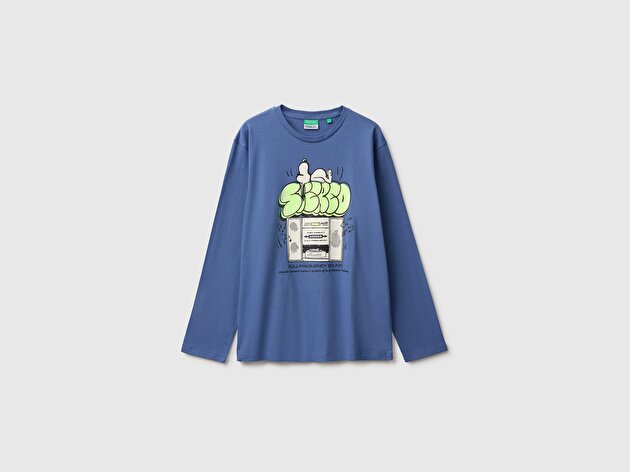 Benetton Erkek Çocuk Mavi Önü Snoopy Baskılı Oversize Uzun Kollu Tişört