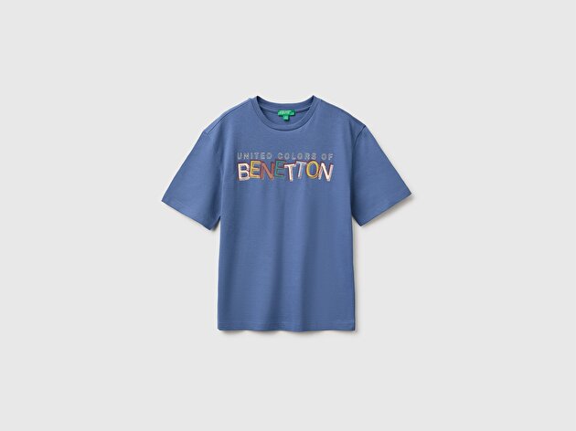 Benetton Erkek Çocuk Mavi Önü Nakışlı Kısa Kollu Tişört