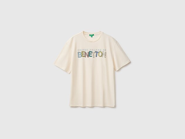 Benetton Erkek Çocuk Ekru Önü Nakışlı Kısa Kollu Tişört