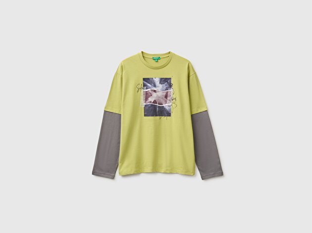 Benetton Erkek Çocuk Fıstık Yeşili Önü Baskılı Uzun Kollu Tişört