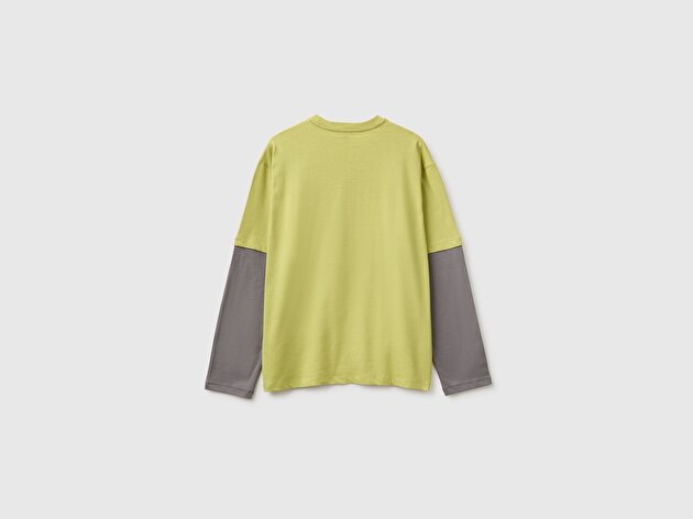 Benetton Erkek Çocuk Fıstık Yeşili Önü Baskılı Uzun Kollu Tişört