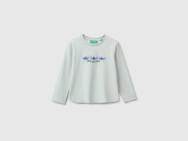 Benetton Kız Bebek Su Yeşili Önü Lilo&Stitch Baskılı Ribanalı Uzun Kollu Tişört