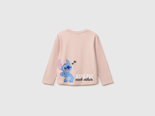 Benetton Kız Bebek Pudra Önü Lilo&Stitch Baskılı Ribanalı Uzun Kollu Tişört
