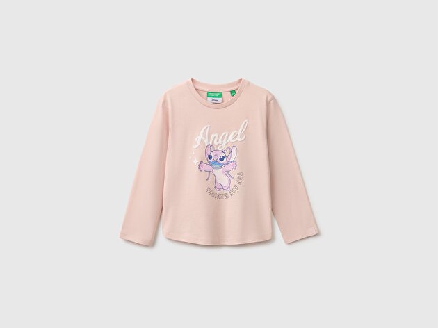 Benetton Kız Bebek Pudra Önü Lilo&Stitch Baskılı Ribanalı Uzun Kollu Tişört