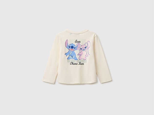 Benetton Kız Bebek Ekru Önü Lilo&Stitch Baskılı Ribanalı Uzun Kollu Tişört