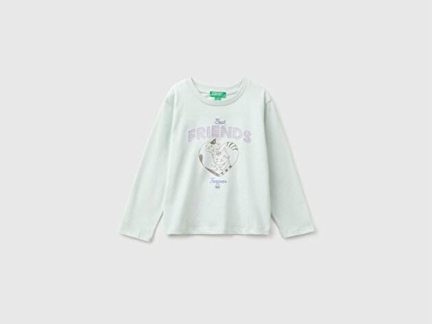 Benetton Kız Bebek Su Yeşili Önü İşlemeli Uzun Kollu Tişört