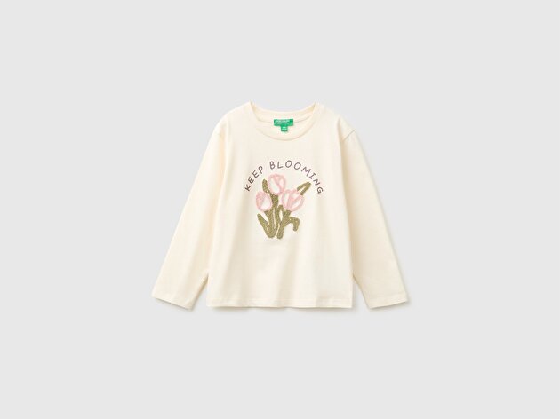 Benetton Kız Bebek Ekru Önü İşlemeli Uzun Kollu Tişört
