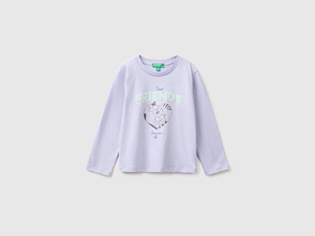 Benetton Kız Bebek Lila Önü İşlemeli Uzun Kollu Tişört