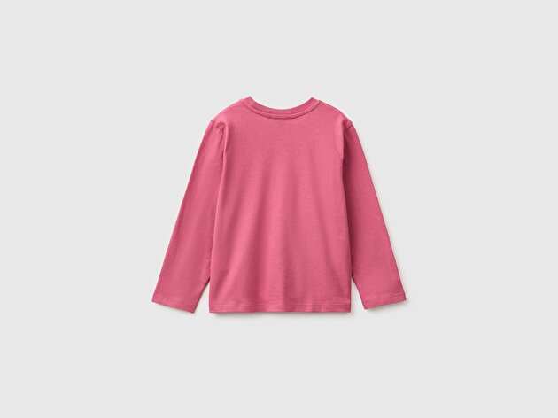 Benetton Kız Bebek Fuşya Önü İşlemeli Uzun Kollu Tişört