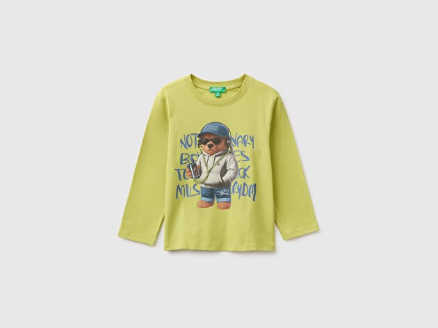 Benetton Erkek Bebek Fıstık Yeşili Önü İşlemeli Uzun Kollu Tişört