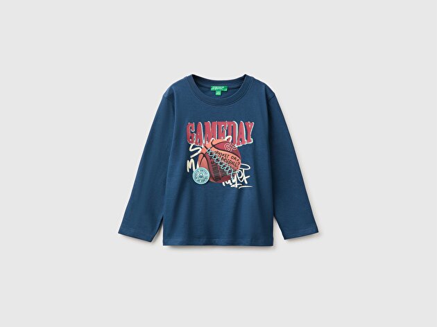 Benetton Erkek Bebek Lacivert Önü İşlemeli Uzun Kollu Tişört