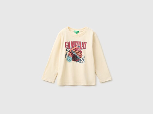 Benetton Erkek Bebek Krem Önü İşlemeli Uzun Kollu Tişört