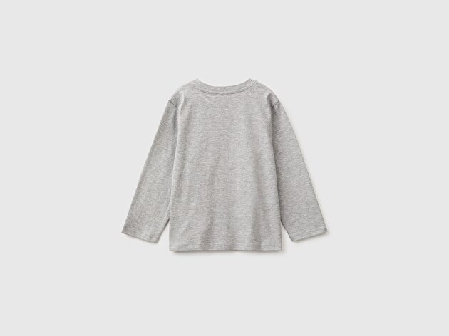 Benetton Erkek Bebek Gri Melanj Önü İşlemeli Uzun Kollu Tişört
