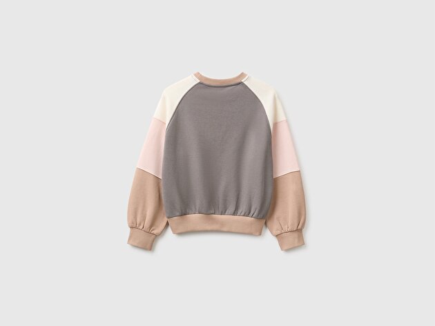 Benetton Kız Çocuk Haki İşlemeli Renk Bloklu Reglan Kollu Bisiklet Yaka Sweatshirt