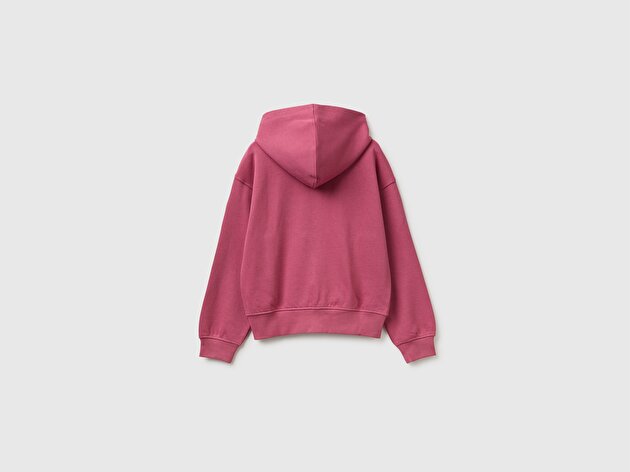Benetton Kız Çocuk Fuşya Önü İşlemeli Ribanalı Cepli Kapüşonlu Fermuarlı Sweatshirt