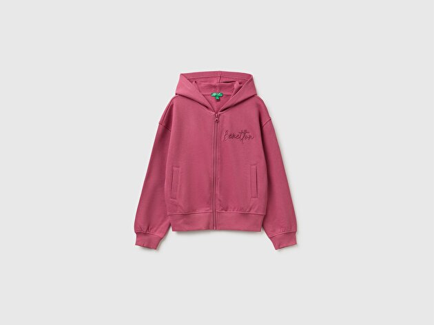 Benetton Kız Çocuk Fuşya Önü İşlemeli Ribanalı Cepli Kapüşonlu Fermuarlı Sweatshirt