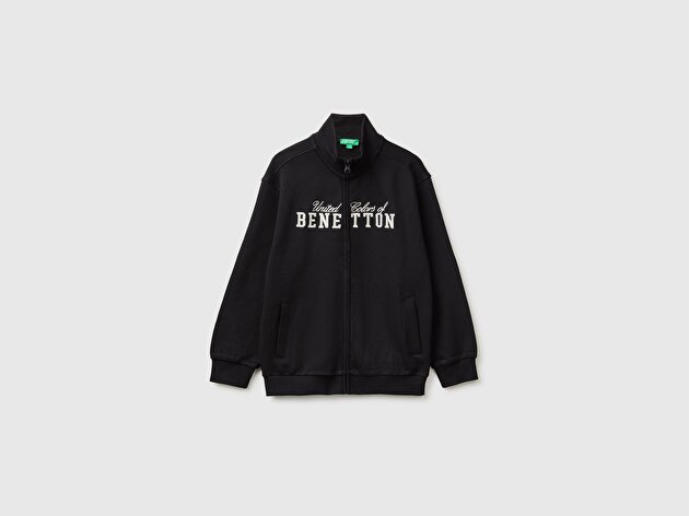 Benetton Erkek Çocuk Siyah Önü İşlemeli Ribanalı Cepli Fermuarlı Dik Yaka Sweatshirt