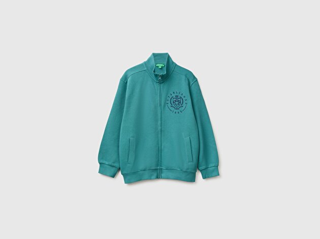 Benetton Erkek Çocuk Petrol Yeşili Önü İşlemeli Ribanalı Cepli Fermuarlı Dik Yaka Sweatshirt