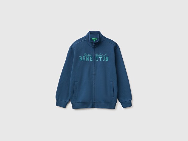 Benetton Erkek Çocuk Lacivert Önü İşlemeli Ribanalı Cepli Fermuarlı Dik Yaka Sweatshirt