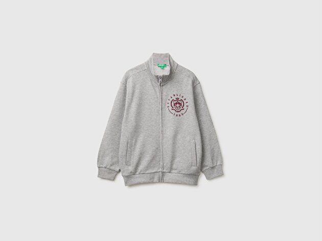 Benetton Erkek Çocuk Gri Melanj Önü İşlemeli Ribanalı Cepli Fermuarlı Dik Yaka Sweatshirt