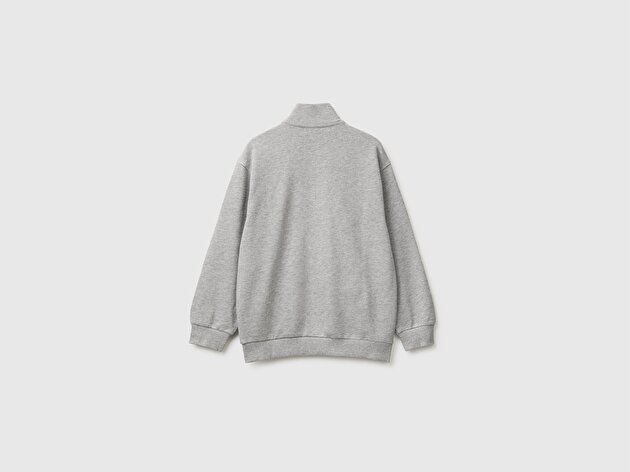 Benetton Erkek Çocuk Gri Melanj Önü İşlemeli Ribanalı Cepli Fermuarlı Dik Yaka Sweatshirt
