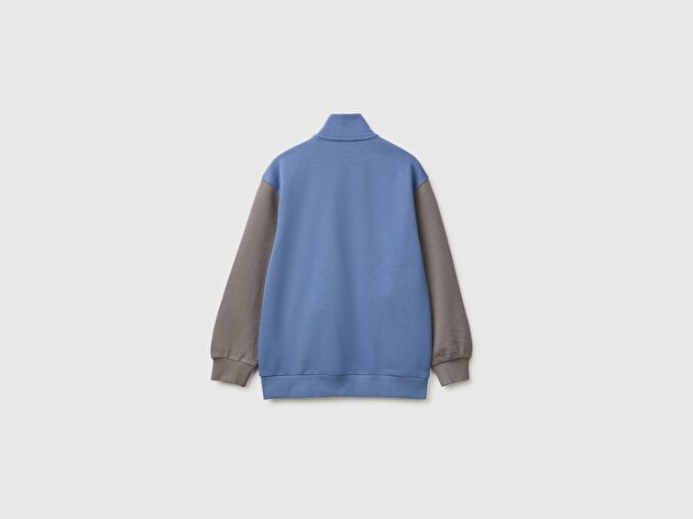 Benetton Erkek Çocuk Havacı Mavi Önü İşlemeli Ribanalı Cepli Fermuarlı Dik Yaka Sweatshirt