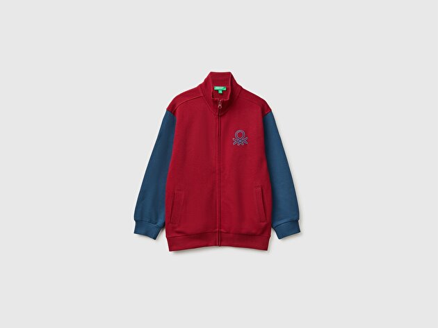 Benetton Erkek Çocuk Kırmızı Önü İşlemeli Ribanalı Cepli Fermuarlı Dik Yaka Sweatshirt