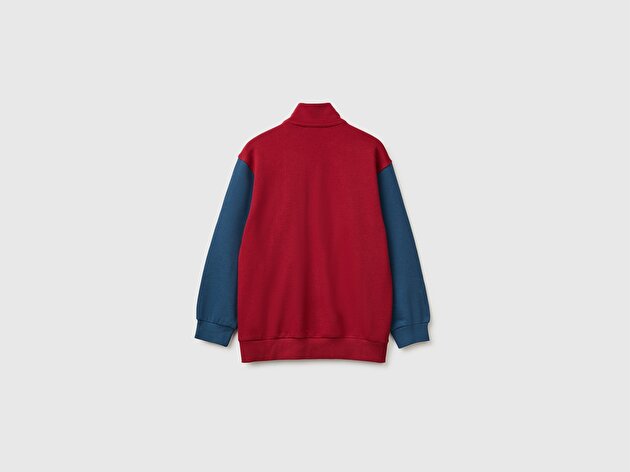 Benetton Erkek Çocuk Kırmızı Önü İşlemeli Ribanalı Cepli Fermuarlı Dik Yaka Sweatshirt