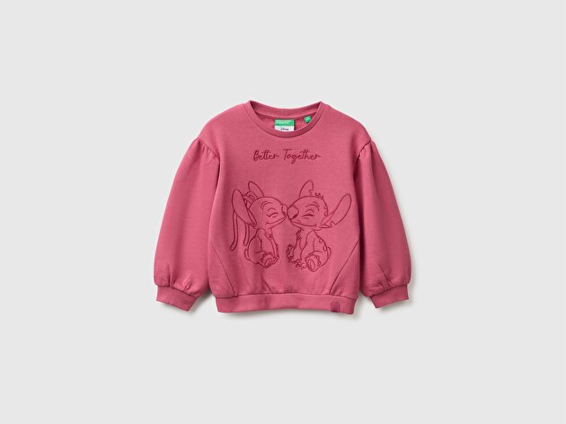 Benetton Kız Bebek Fuşya Önü Lilo&Stitch Baskılı Ribanalı Bisiklet Yaka Sweatshirt