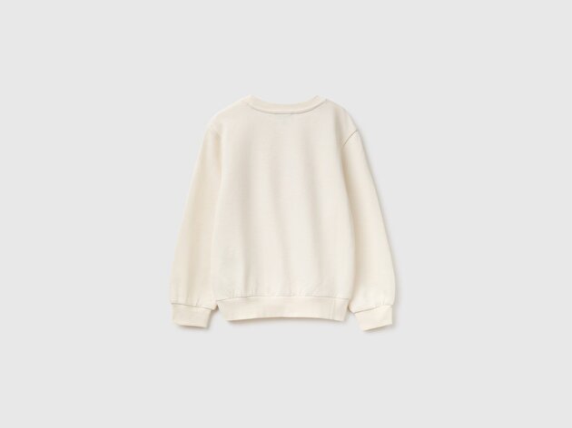 Benetton Kız Bebek Ekru Önü İşlemeli Uzun Kollu Bisiklet Yaka Sweatshirt