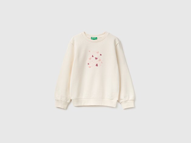Benetton Kız Bebek Ekru Önü İşlemeli Uzun Kollu Bisiklet Yaka Sweatshirt